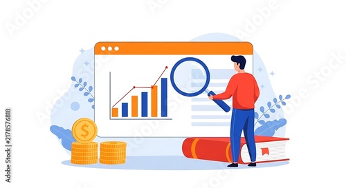 Person analyzing financial growth data for success, inspecting business charts illustration.