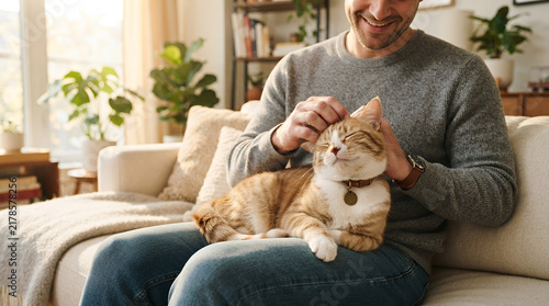 Man smiling with a cat on his lap in a cozy living room
