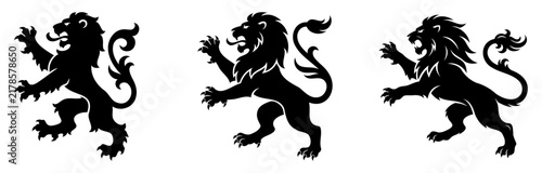 Foto Rampant lion heraldic silhouette set | traditional medieval coat of arms | black