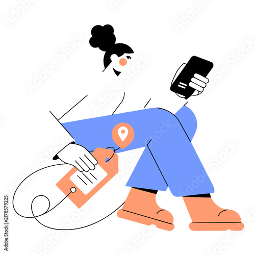 Woman working on laptop with floating tech icons, flat vector illustration
