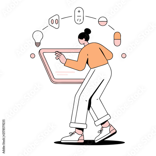 Woman using smart luggage tag with location pin, flat vector illustration