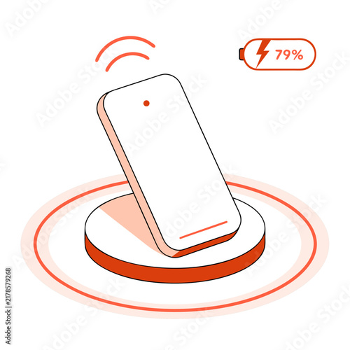 Smartphone wireless charging with signal waves, flat vector icon