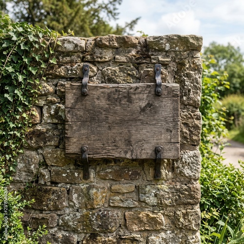 Rustic Wooden Sign Mounted On An Old Stone Pillar With Overgrown Ivy