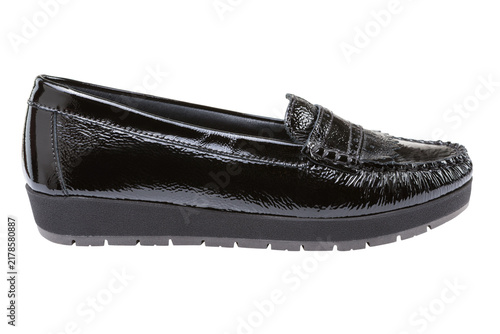 Foto Black patent leather womens loafer isolated on white background