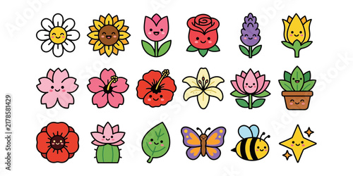 A delightful and charming collection of cute kawaii floral illustrations showcasing happy flowers plants insects and a twinkling star on a clean white backdrop