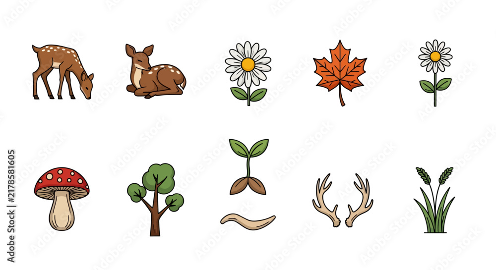 Obraz premium Collection of hand-drawn nature elements including deer, flowers, leaves, mushrooms, trees, and plants.