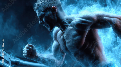 Muscular Athlete Running on Treadmill Amid Blue Smoke During Intense Fitness Training Session