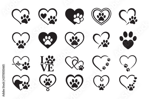 Heart Paw Print Collection, Pet Love Heart Icons with Dog and Cat Paw Prints, Animal Lover Symbols, Cute Veterinary and Pet Care Designs