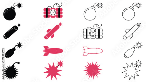 Canvastavla Military explosive bomb dynamite and naval mine icons showing line and glyph sty