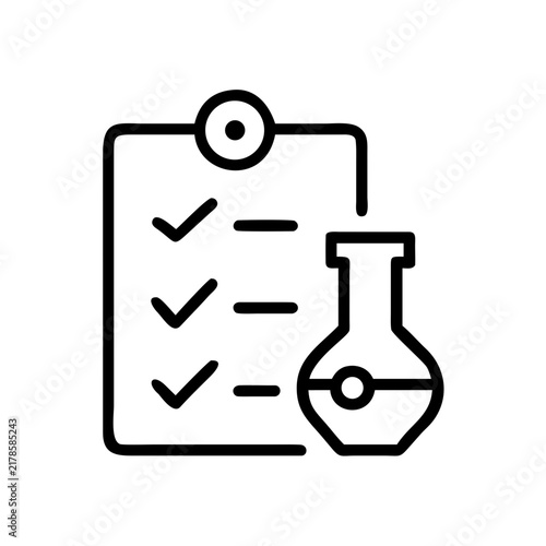 Clipboard with checklist and laboratory flask.
