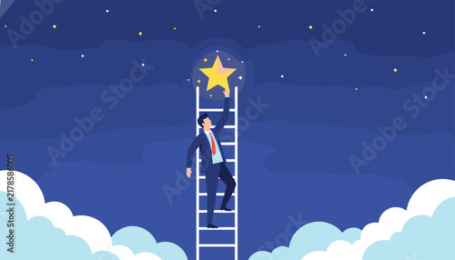Ambitious businessman climbing a high ladder to reach a glowing golden star in a beautiful starry night sky with clouds.