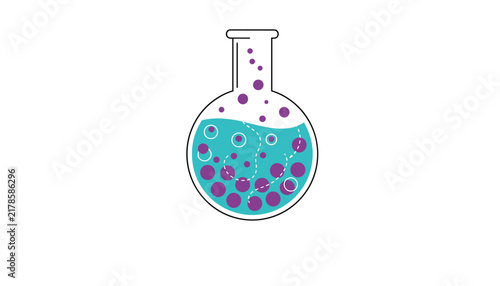 Laboratory round bottom flask filled with boiling blue chemical liquid and rising purple bubbles, representing scientific research.