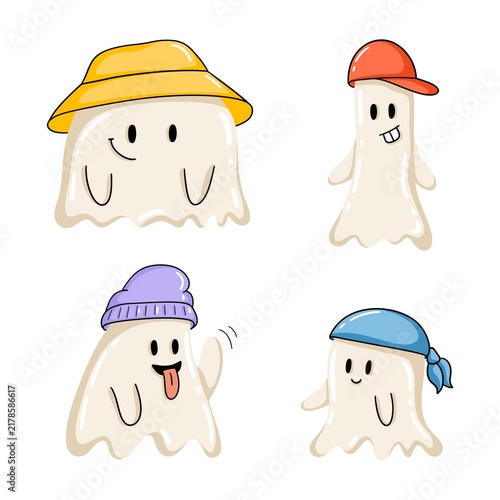 Set of four playful ghost characters wearing colorful hats and headwear, with different shapes and expressions, Halloween cartoon illustration.