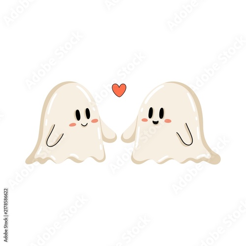 Two smiling ghost characters holding hands with a red heart between them, romantic Halloween illustration about love and friendship.
