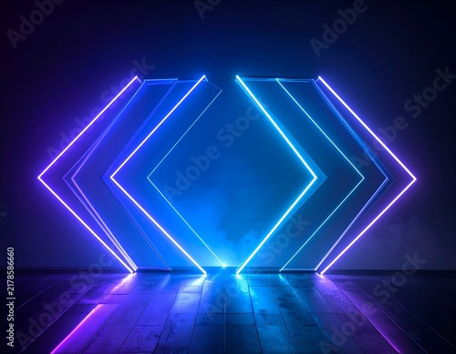 Abstract geometric illuminated tunnel with neon lights and reflections