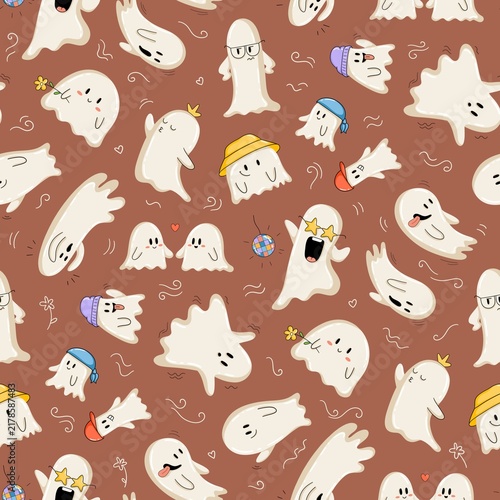 Seamless Halloween pattern with playful ghost characters in different poses and expressions, colorful accessories and doodle elements on a brown background.