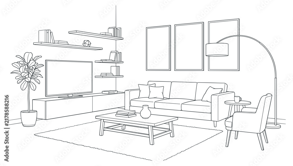 Fototapeta premium Living Room Interior Design, Modern Home Decor Concept, Vector Illustration, Minimalist Style, Interior Space Planning