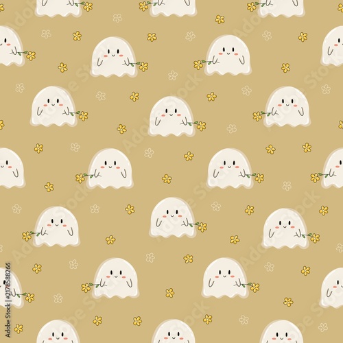 Seamless Halloween pattern with smiling ghost characters holding yellow flowers, scattered floral elements and warm beige background.