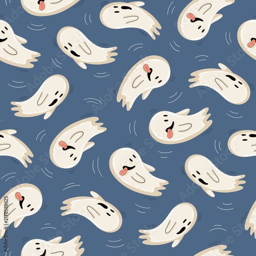 Seamless Halloween pattern with playful ghost characters in different poses and expressions, hats, hearts, flowers and disco ball on a blue background.