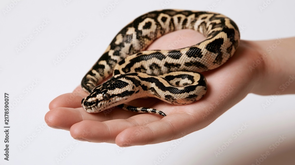 Fototapeta premium Small Carpet Python Snake Coiled in a Person's Hand on a White Background