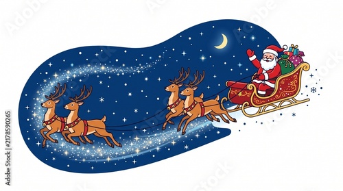 Cuadro en lienzo Santa Claus flying in a reindeer sleigh across a starry night sky for Christmas holiday