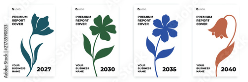 Set of four minimalist floral cover designs with colorful flower illustrations and years illustration minimalist botanical template abstract creative decoration