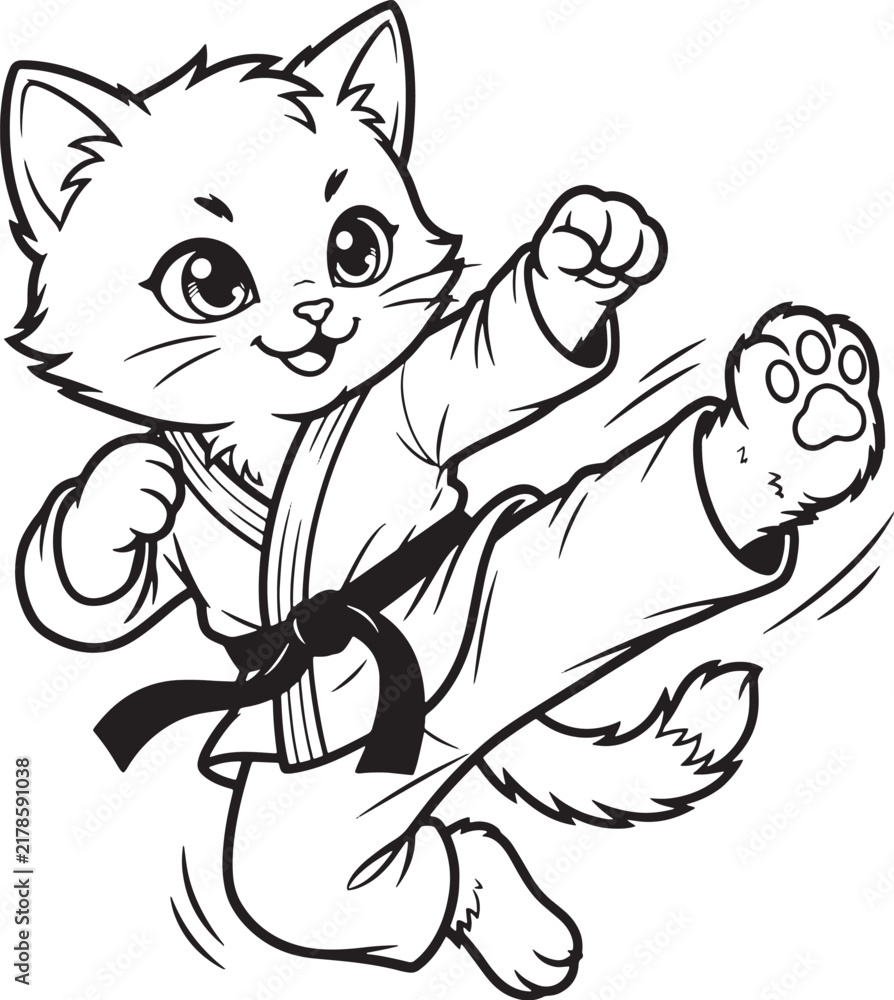 Fototapeta premium Cute cartoon cat practicing martial arts and performing a flying kick in a karate uniform with training exercise illustration