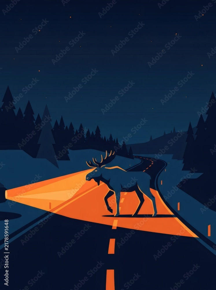 Naklejka premium Moose crossing road at night illuminated by car headlights. Wild animal on highway in dark winter forest with starry sky. Wildlife safety and driving caution concept in flat illustration style.