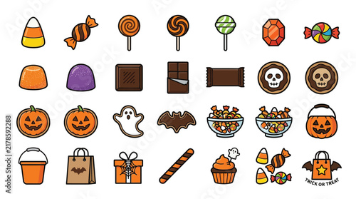 Halloween, Halloween candy icons set, 28 spooky sweets and treat vectors, flat cartoon holiday snacks, orange and purple party graphics isolated on White Background