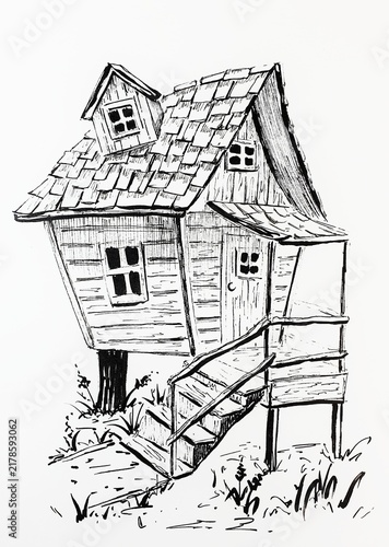Hand drawn ink sketch of a fairytale house