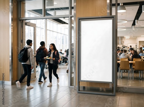 Blank vertical advertising billboard mockup in a modern university or school cafeteria hallway.
