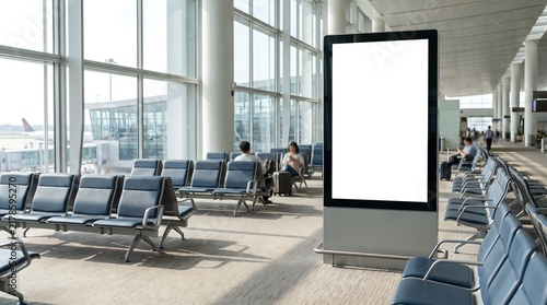 Blank vertical advertising display screen in a modern airport terminal waiting area.