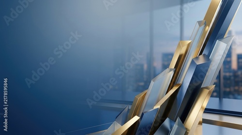 Geometric shapes, primarily gold and blue, are arranged on a window ledge. The shapes create a dynamic, abstract composition.