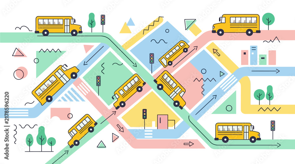 Naklejka premium Abstract Geometric City Map with Yellow School Buses and Traffic Symbols