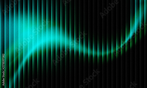 Glowing Abstract Cyan Neon Light Wave Behind Dark Vertical Stripes Pattern Background With Grainy Noise Texture For Modern Digital Graphic Art Design And Web Layouts