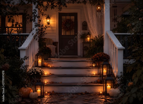 Front porch stairs decorated with glowing candles at night