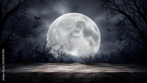 Full moon shining over a dark forest at night