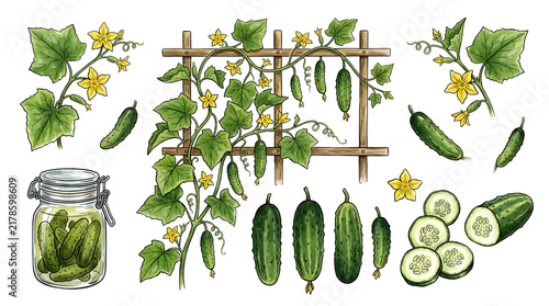 Cucumber plant and harvest for the concept of healthy food and gardening.