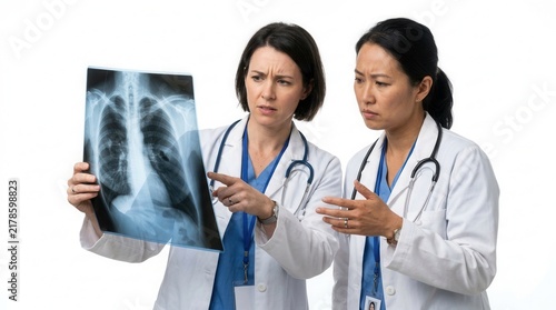 Two Doctors Puzzled While Examining Chest X-Ray Together In A Clinic Setting