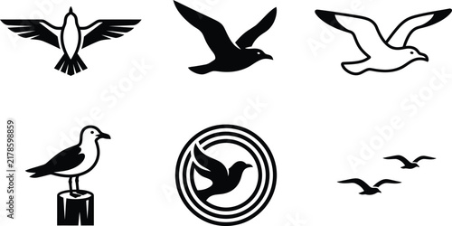 Collection of seagull icon vector illustrations in different artistic styles including flight and perched poses on white background
