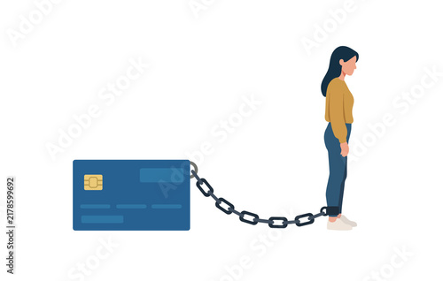 Fotografía Woman chained to a large credit card, representing financial burden