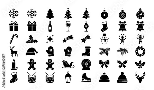 Christmas Black Silhouette Icons and Winter Holiday Sticker Vector Set