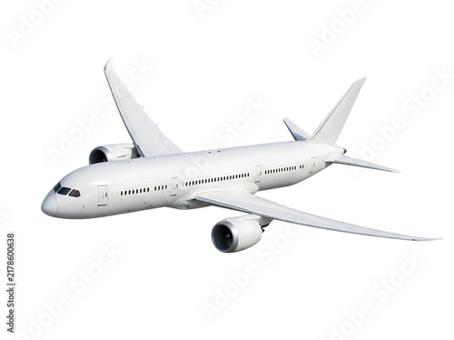 A modern white commercial passenger jet airplane flying in the sky presented as an isolated object on transparent background isolated on transparent background