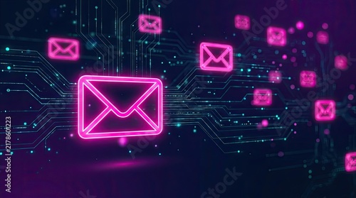 Glowing Neon Email Icons on Digital Circuit Board Background