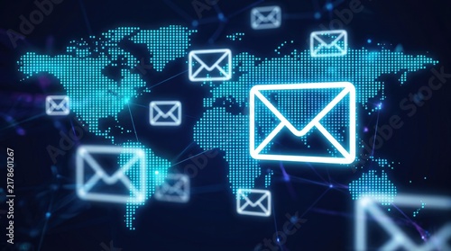 Global email communication and internet technology network with digital world map background.
