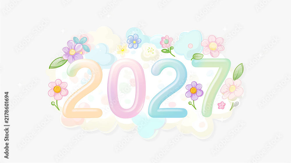 Obraz premium Kawaii Aesthetic 2027 Vector Art Featuring Rounded Pastel Digits and Sweet Floral Accents
