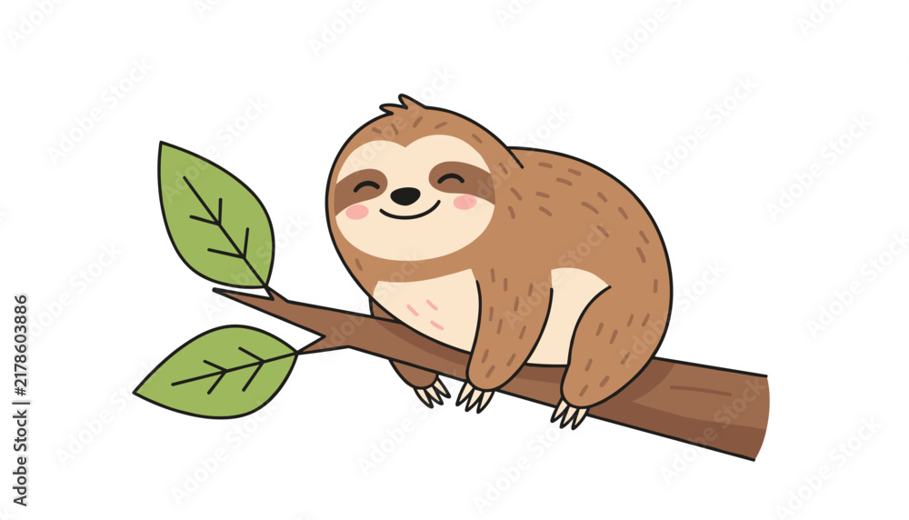 Obraz premium Cute cartoon baby sloth smiling happily while resting on a tree branch with green leaves on white background.