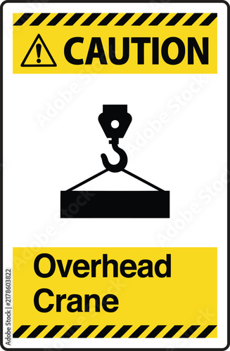 Caution overhead crane safety sign vector with crane hook icon
