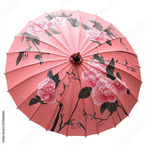 Open pink traditional japanese paper umbrella decorated with floral patterns against a white background floral pattern pink parasol asian umbrella