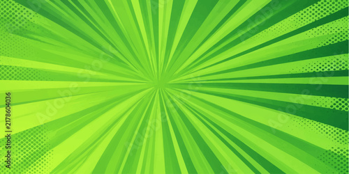 Abstract Comic Book Sunburst Background Vector with Dynamic Green Burst Lines and Retro Halftone Style